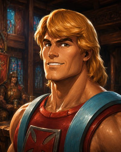 GRID THUMBNAIL — Smiling, blond male warrior in red and blue armour stands in a wooden hall, with stained-glass windows and an armoured guard behind.