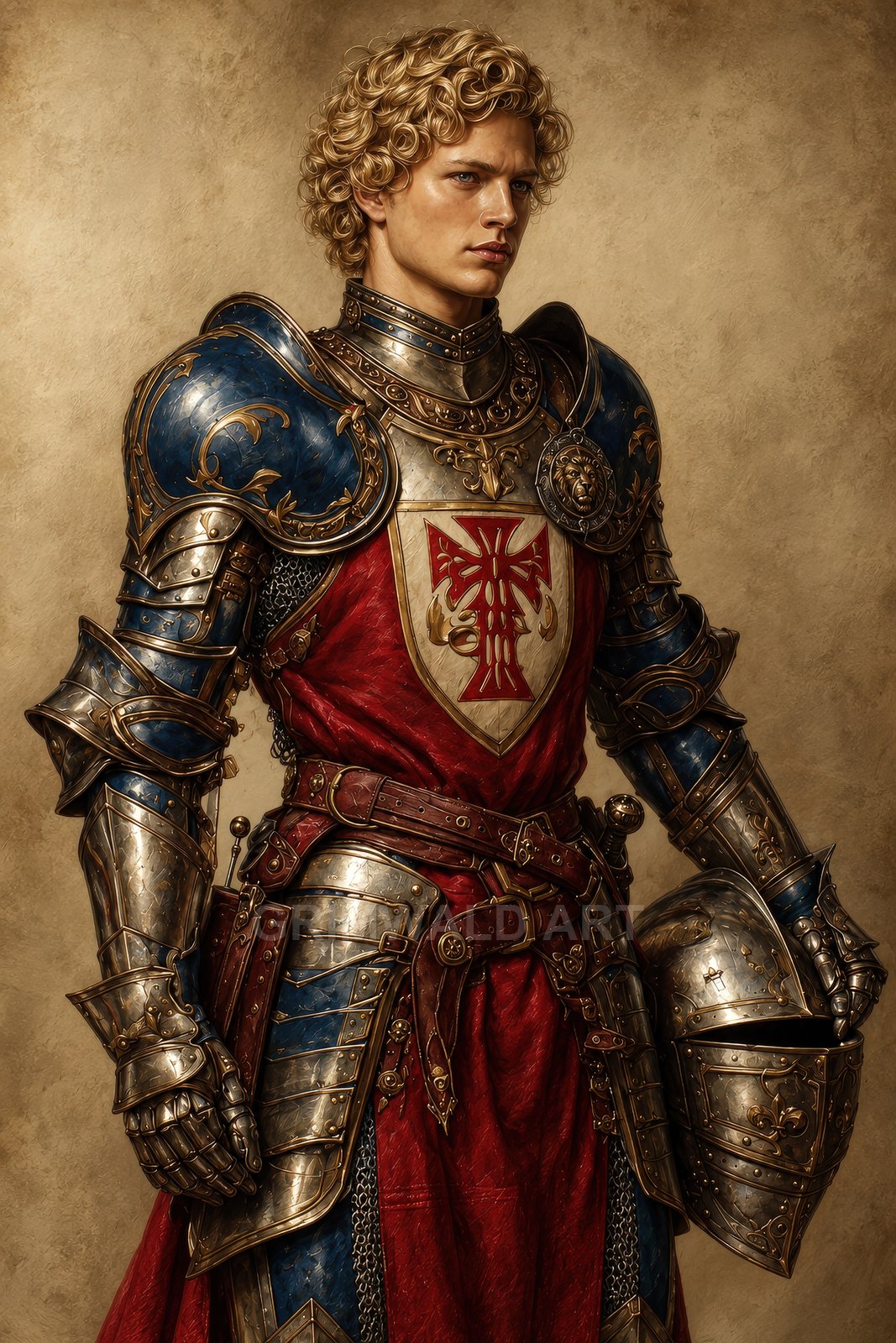 Young male knight in blue and gold plate armour with red surcoat and heraldic cross, holding a helmet against a neutral parchment background.