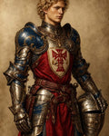 GRID THUMBNAIL — Young male knight in blue and gold plate armour with red surcoat and heraldic cross, holding a helmet against a neutral parchment background.