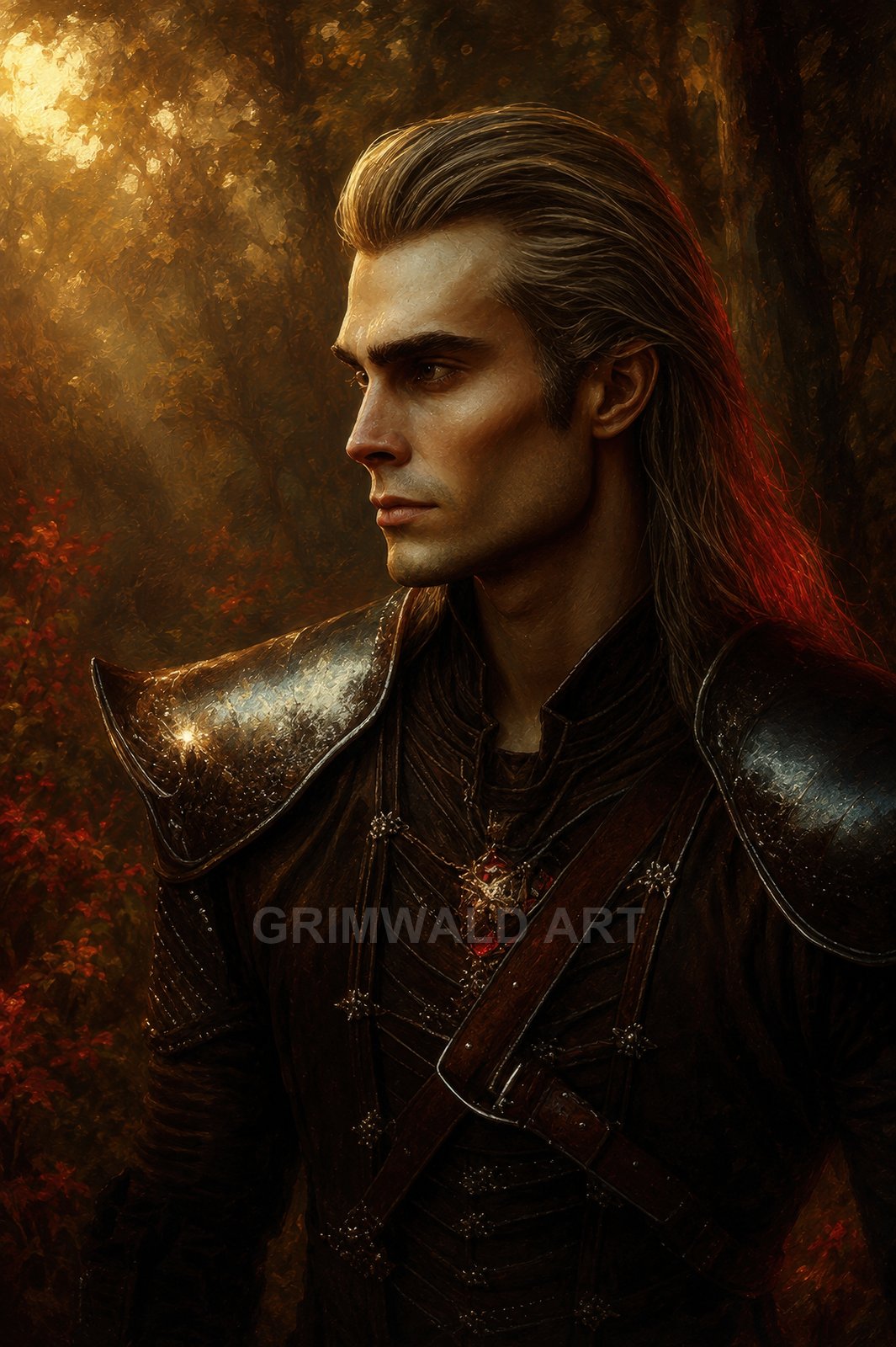 Portrait of a long-haired male warrior in dark leather and metal armour, lit by golden forest light with red foliage in the background.