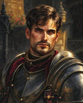 GRID THUMBNAIL — Portrait of a young male knight in gold-trimmed steel armour and crimson cloak before a sunlit castle, bathed in warm golden-hour light.