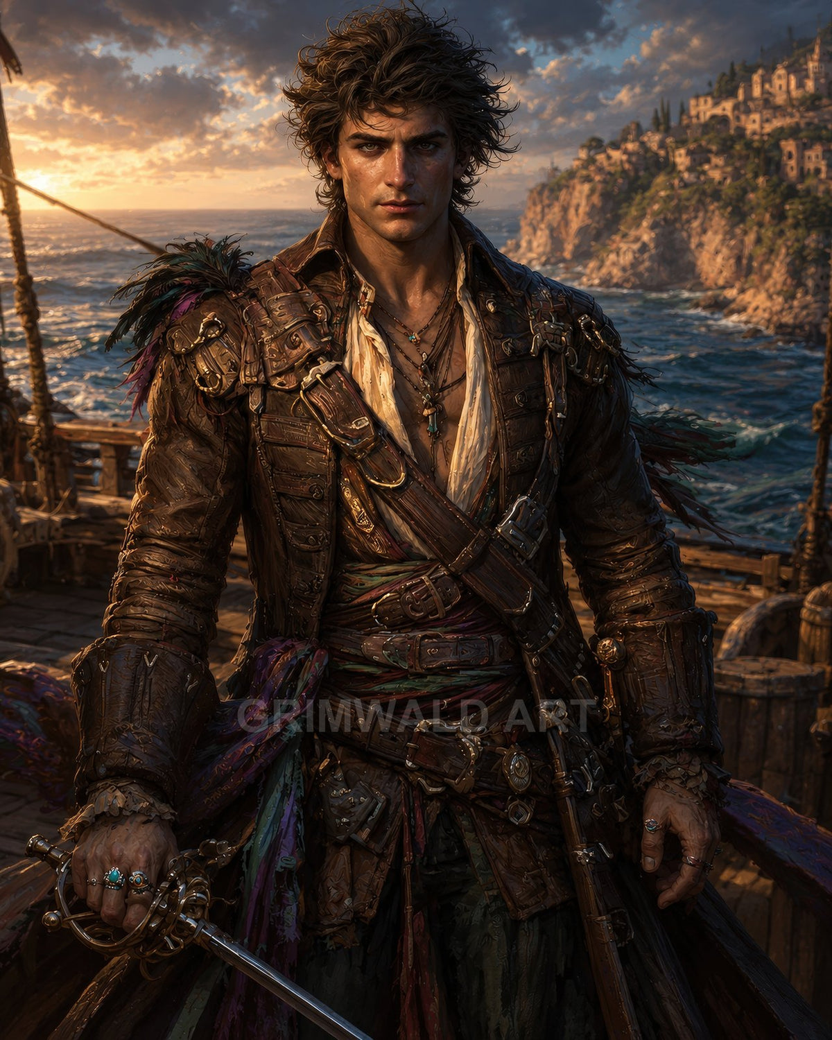 A rugged male pirate with a rapier stands on a ship's deck at golden hour, wearing weathered leather, with a cliffside coastal city behind.