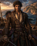 GRID THUMBNAIL — A rugged male pirate with a rapier stands on a ship's deck at golden hour, wearing weathered leather, with a cliffside coastal city behind.
