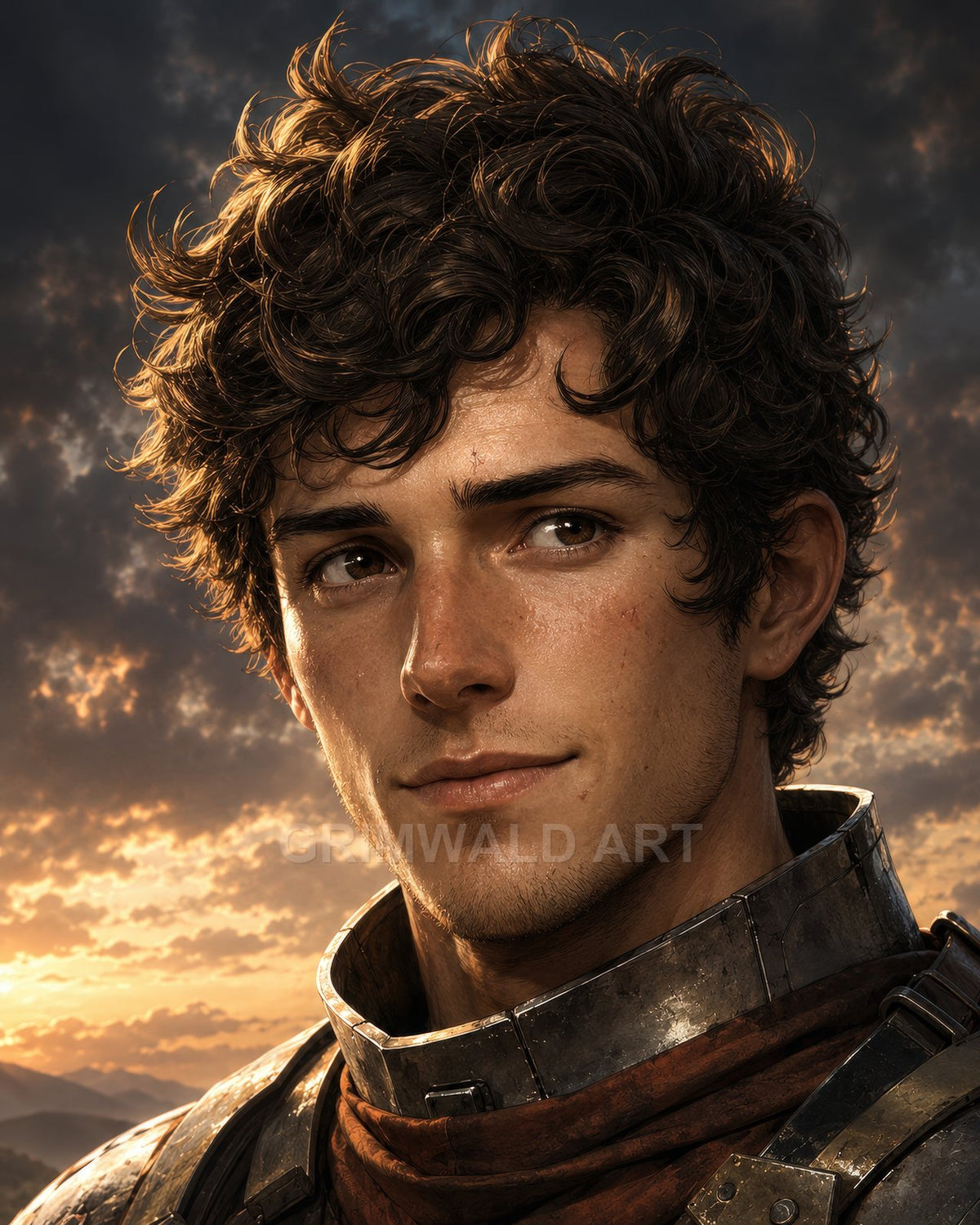 Close-up portrait of a young male adventurer in steel armour at golden hour, with curly hair and light scars, mountains and glowing clouds behind.