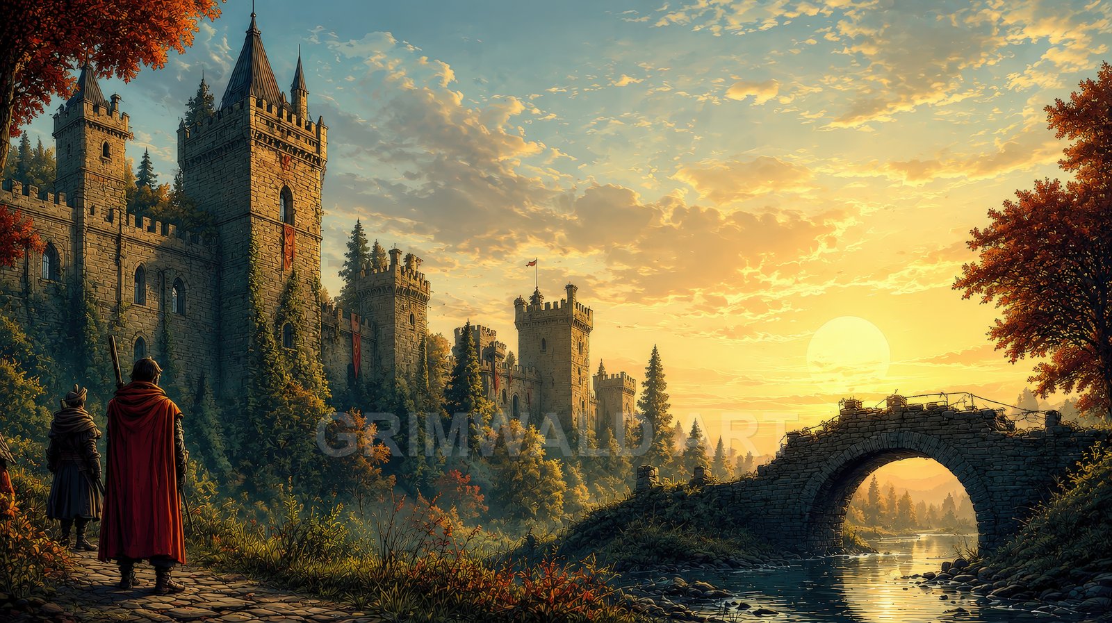 Medieval-style castle with ivy-clad towers overlooks a river and arched stone bridge at golden sunset, autumn trees and two cloaked travellers in foreground.