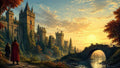 GRID THUMBNAIL — Medieval-style castle with ivy-clad towers overlooks a river and arched stone bridge at golden sunset, autumn trees and two cloaked travellers in foreground.