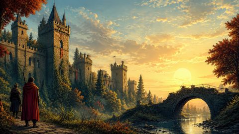 GRID THUMBNAIL — Medieval-style castle with ivy-clad towers overlooks a river and arched stone bridge at golden sunset, autumn trees and two cloaked travellers in foreground.