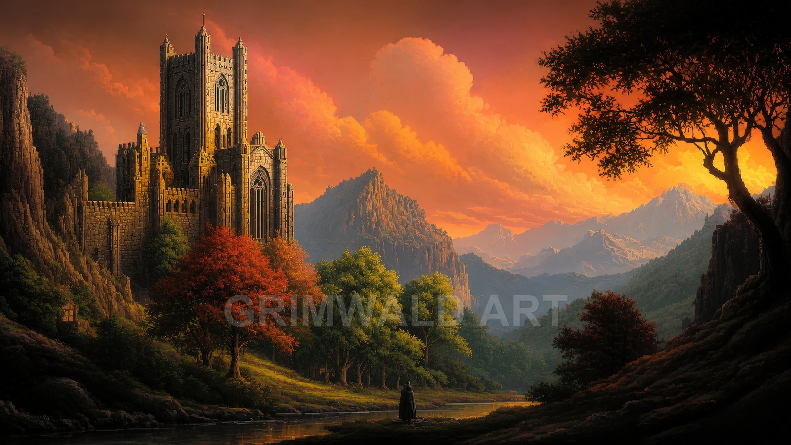Grand stone castle glows at sunset above a calm river and autumn trees, framed by rugged mountains and dramatic orange cloudscape.