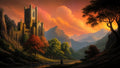 GRID THUMBNAIL — Grand stone castle glows at sunset above a calm river and autumn trees, framed by rugged mountains and dramatic orange cloudscape.