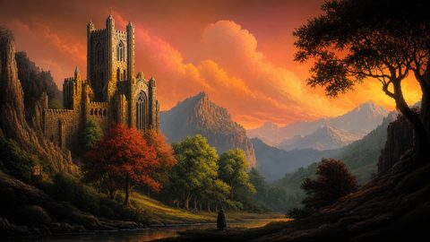 GRID THUMBNAIL — Grand stone castle glows at sunset above a calm river and autumn trees, framed by rugged mountains and dramatic orange cloudscape.