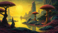 GRID THUMBNAIL — Golden sun over a tranquil lake with towering rock spires and oversized red-capped mushroom trees, purple groundcover, and reflective golden water in a fantasy landscape.