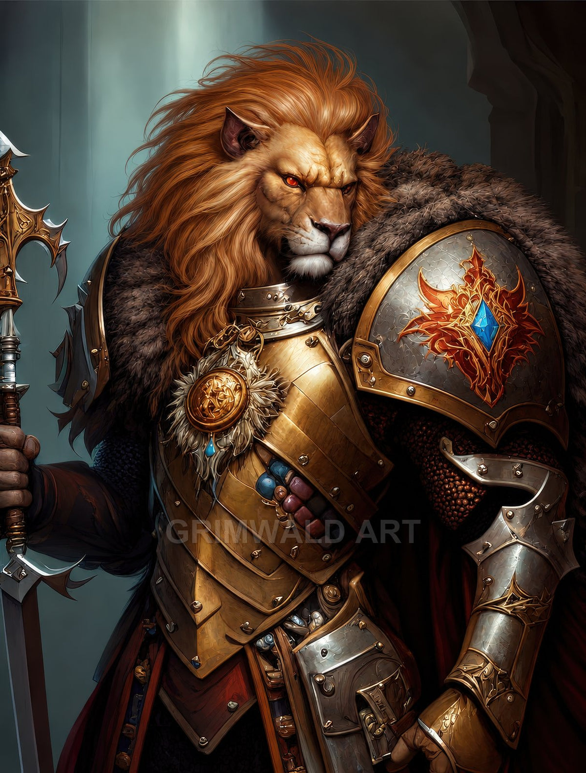 Armoured lion-headed knight with flowing mane holds ornate spear, wearing gilded plate and fur mantle, glowing eyes and heraldic sun emblem in dim interior.