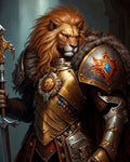 GRID THUMBNAIL — Armoured lion-headed knight with flowing mane holds ornate spear, wearing gilded plate and fur mantle, glowing eyes and heraldic sun emblem in dim interior.