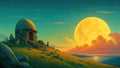 GRID THUMBNAIL — A round stone mausoleum with red door on a grassy coastal hill under an enormous golden full moon and glowing clouds at twilight.