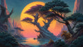 GRID THUMBNAIL — A colossal golden moon rises behind gnarled ancient trees by a still lake, reflecting warm light across rocky spires beneath a teal twilight sky.