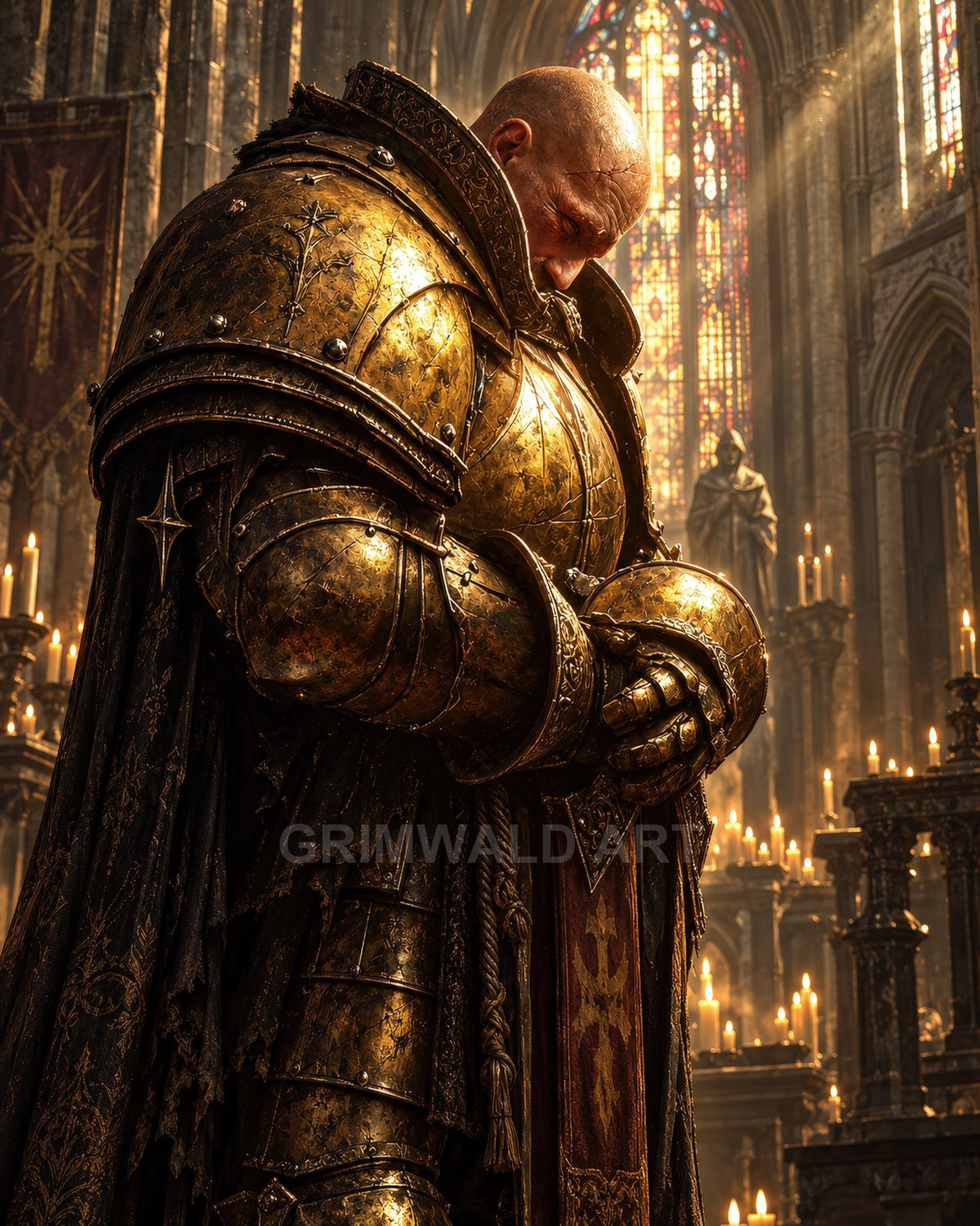 A golden-armoured paladin bows in prayer inside a vast gothic cathedral, helm in gauntleted hands, surrounded by candles and softly glowing stained glass.
