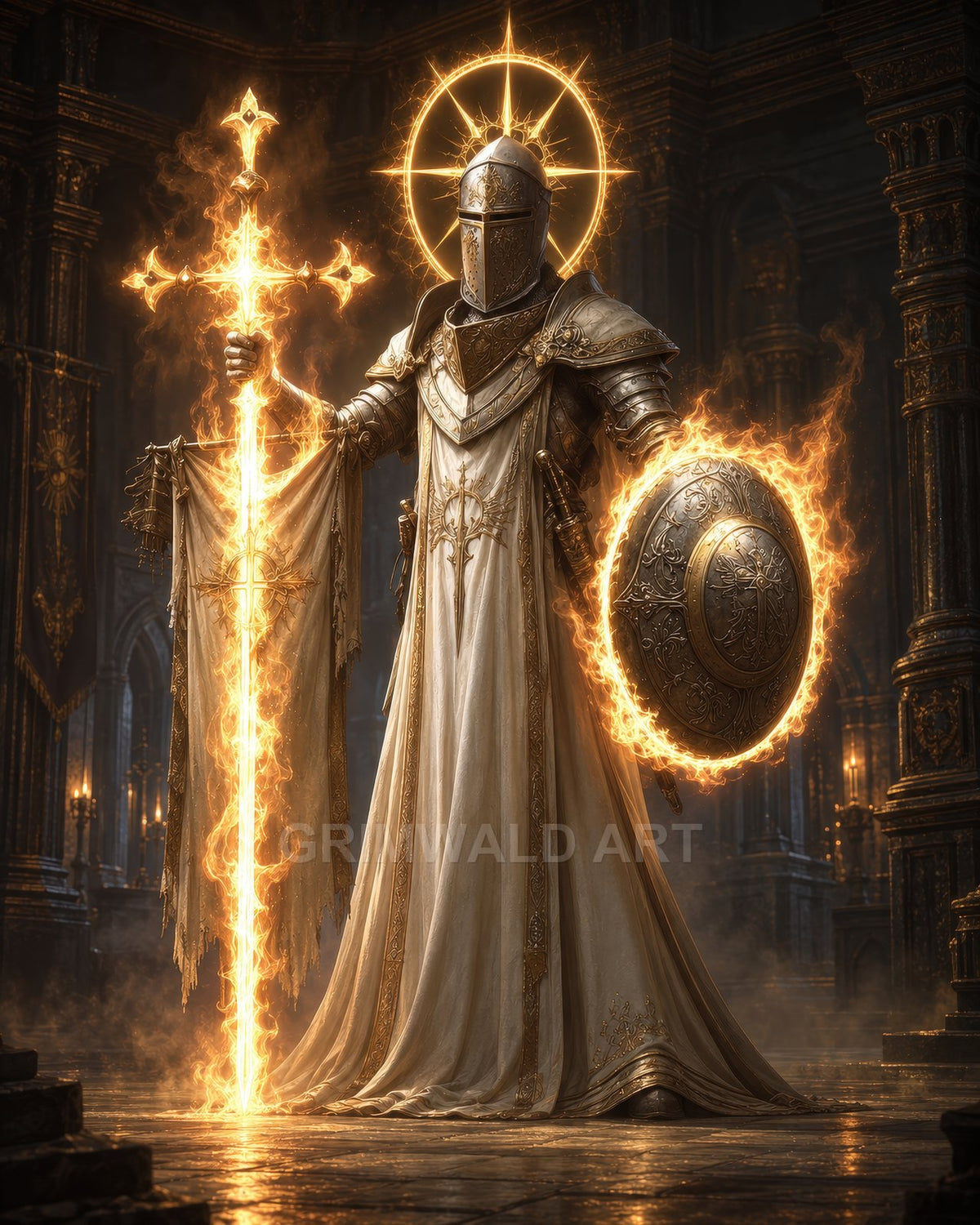 Armoured paladin with halo holds burning cross-shaped sword and flaming shield, standing in a grand gothic cathedral lit by firelight and smoke.