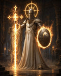 GRID THUMBNAIL — Armoured paladin with halo holds burning cross-shaped sword and flaming shield, standing in a grand gothic cathedral lit by firelight and smoke.