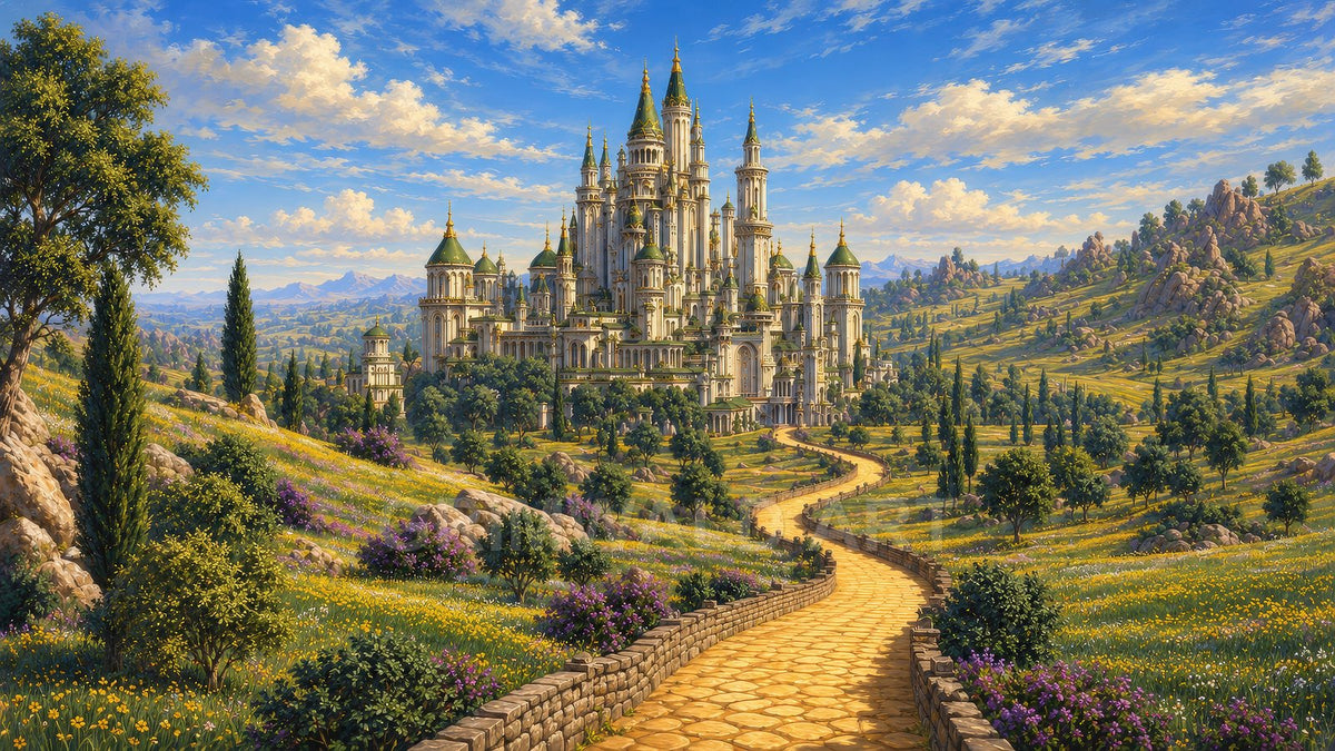 A grand white castle with green spires rises above rolling flowered hills, approached by a winding golden cobblestone road under a bright blue sky.