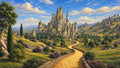 GRID THUMBNAIL — A grand white castle with green spires rises above rolling flowered hills, approached by a winding golden cobblestone road under a bright blue sky.