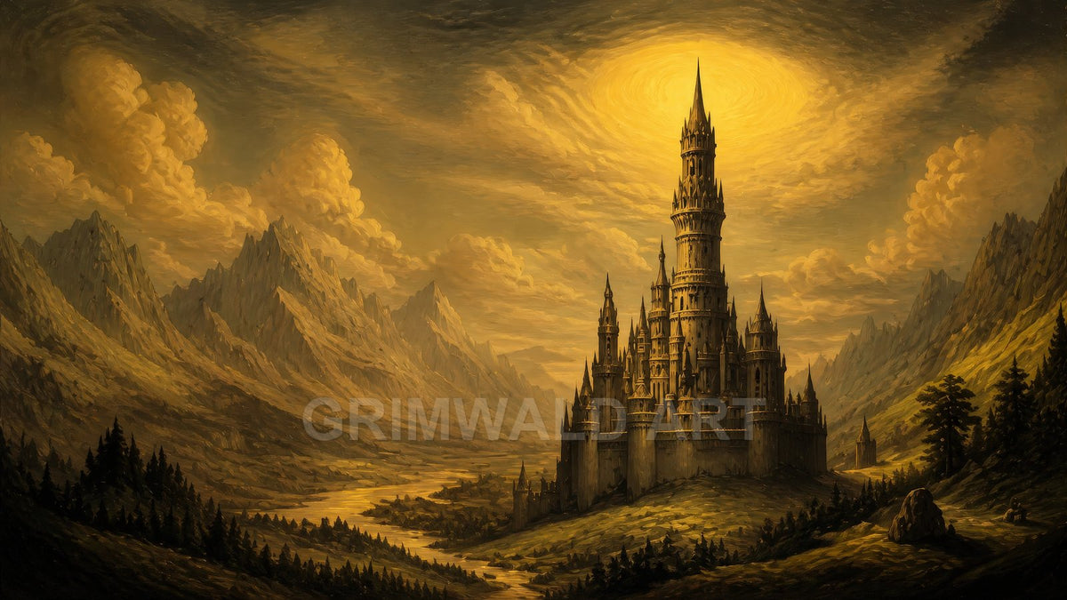 Tall spired castle rises in a valley between jagged mountains, beside a winding river, under a glowing golden sky and dramatic clouds.
