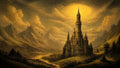 GRID THUMBNAIL — Tall spired castle rises in a valley between jagged mountains, beside a winding river, under a glowing golden sky and dramatic clouds.