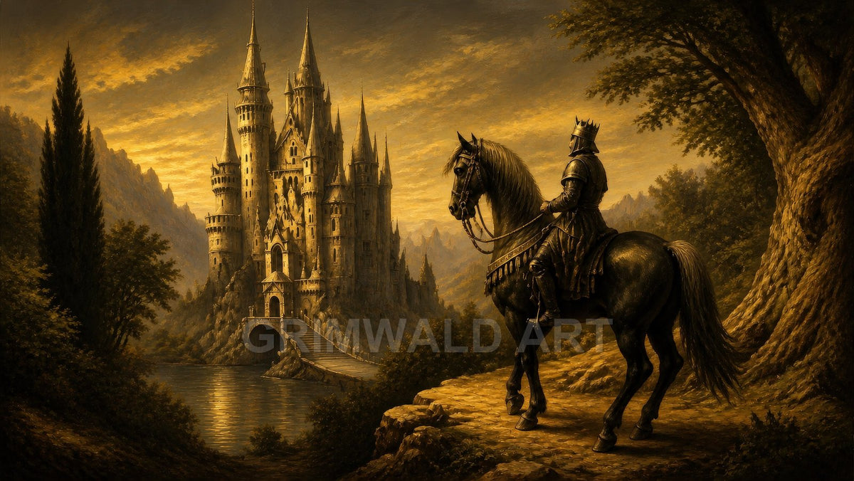 A towering spired castle rises above a tranquil lake at golden hour, with an armoured rider on horseback observing from a forested hillside.