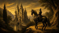 GRID THUMBNAIL — A towering spired castle rises above a tranquil lake at golden hour, with an armoured rider on horseback observing from a forested hillside.