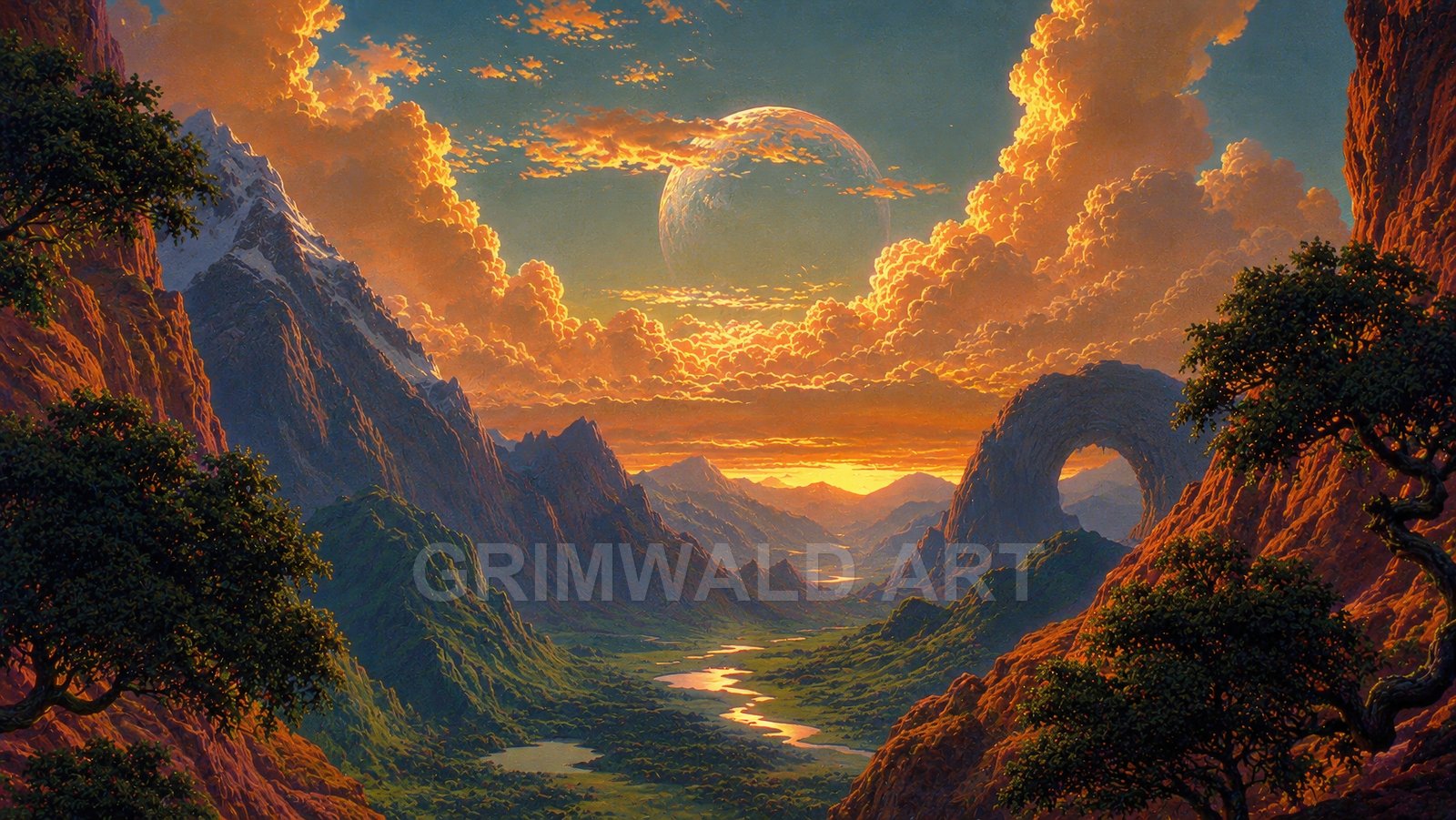 Epic fantasy valley with winding river, towering mountains, glowing sunset clouds, distant moon and natural stone arch, framed by dark trees.