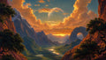 GRID THUMBNAIL — Epic fantasy valley with winding river, towering mountains, glowing sunset clouds, distant moon and natural stone arch, framed by dark trees.