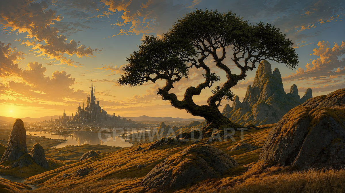 Golden sunset over rocky hills with a windswept tree, distant spired city across reflective water, and jagged mountains beneath a cloud-streaked sky.