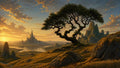 GRID THUMBNAIL — Golden sunset over rocky hills with a windswept tree, distant spired city across reflective water, and jagged mountains beneath a cloud-streaked sky.