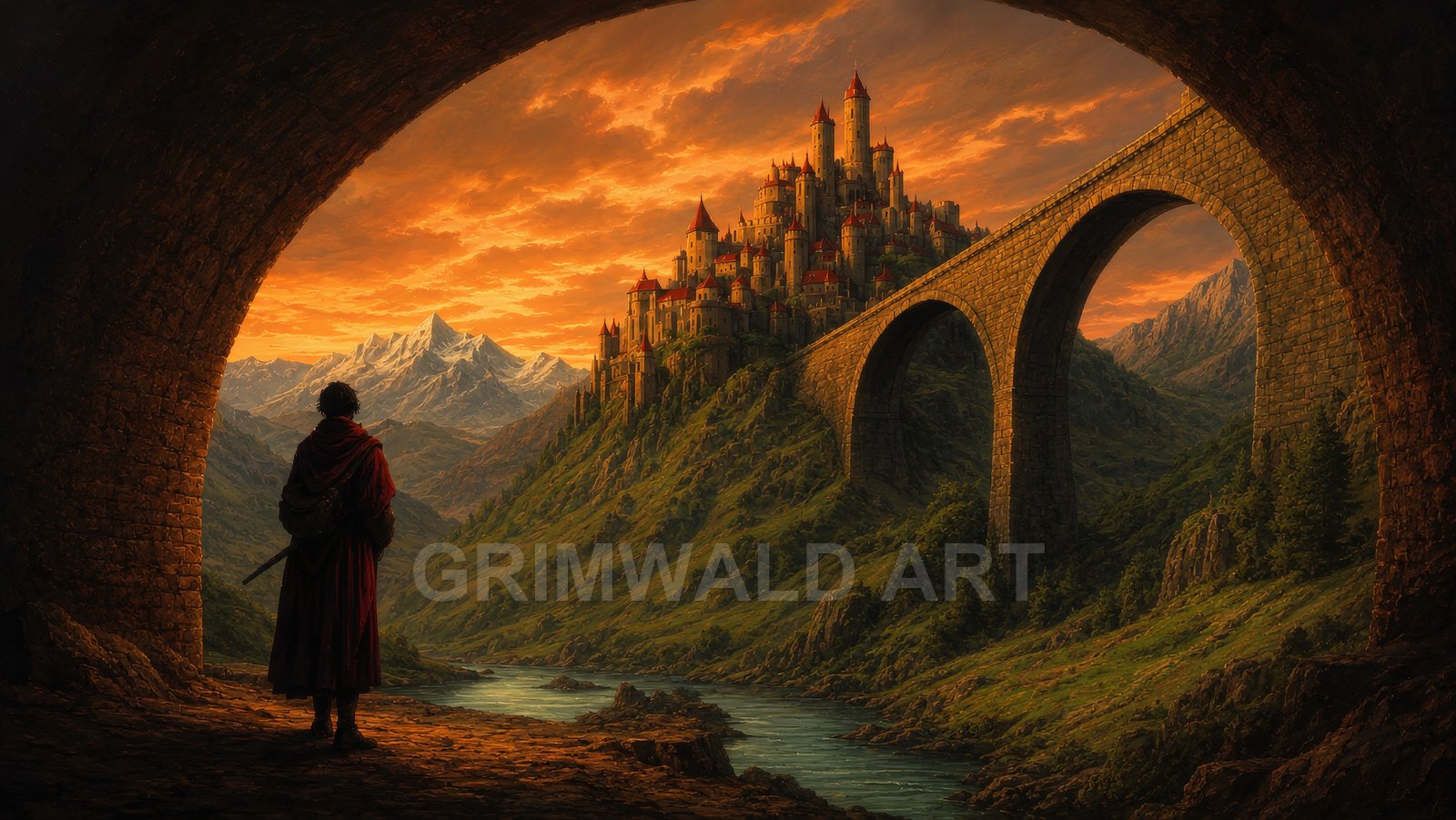 Lone cloaked traveller in an archway overlooking a river valley, stone viaduct and hilltop castle beneath a glowing orange sunset with distant snow-capped mountains.