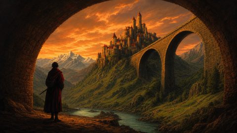 GRID THUMBNAIL — Lone cloaked traveller in an archway overlooking a river valley, stone viaduct and hilltop castle beneath a glowing orange sunset with distant snow-capped mountains.