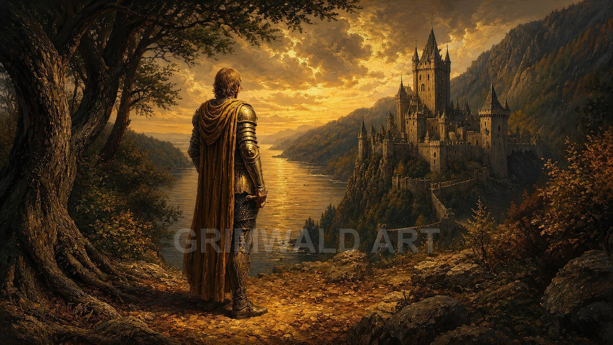 Armoured figure stands on a forested cliff at sunset, overlooking a wide river and towering castle amid distant misty mountains.