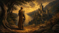 GRID THUMBNAIL — Armoured figure stands on a forested cliff at sunset, overlooking a wide river and towering castle amid distant misty mountains.
