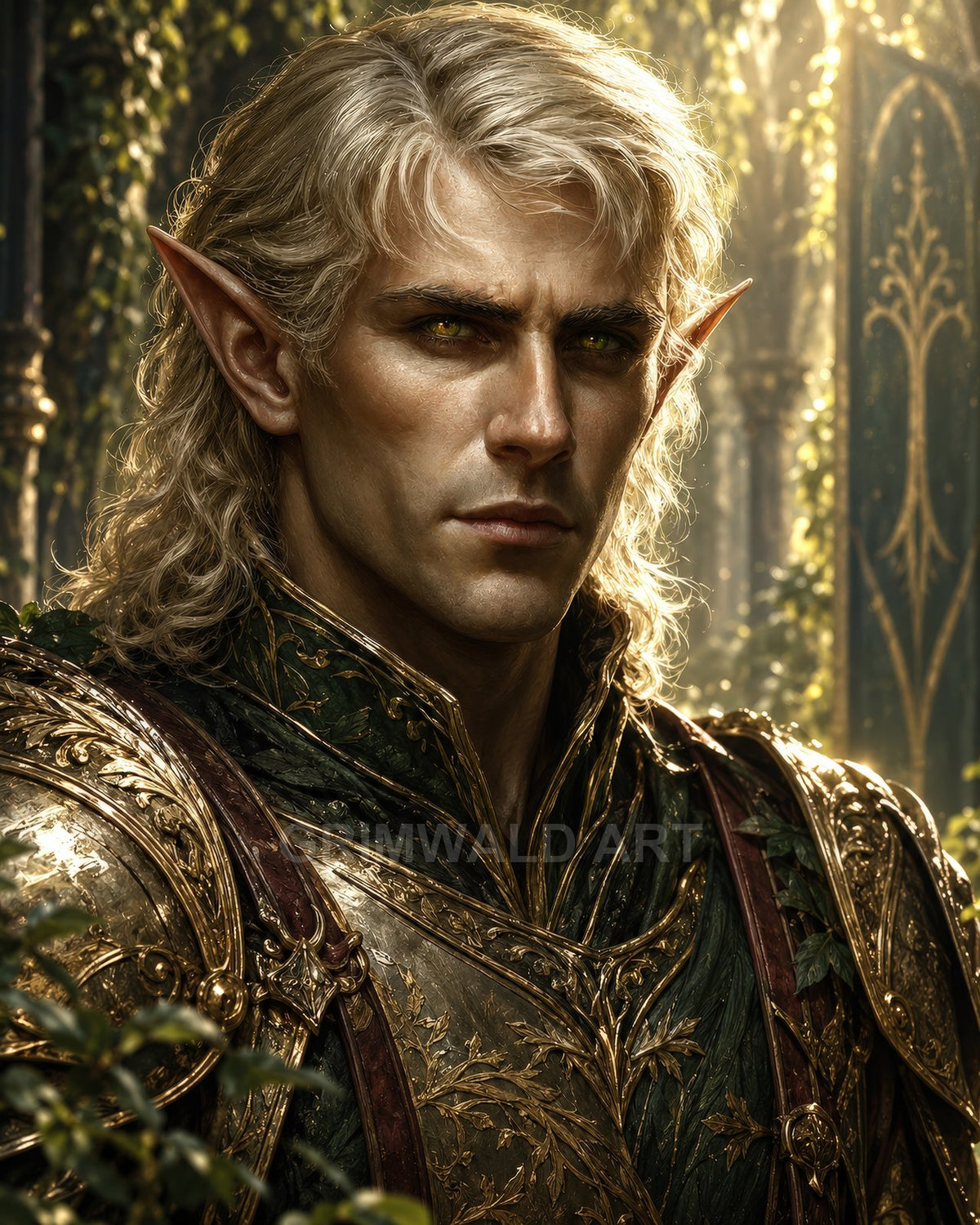 Portrait of a male elf in ornate gold and green armour, pointed ears and amber eyes, within a sunlit, vine-draped forest temple.