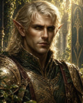 GRID THUMBNAIL — Portrait of a male elf in ornate gold and green armour, pointed ears and amber eyes, within a sunlit, vine-draped forest temple.