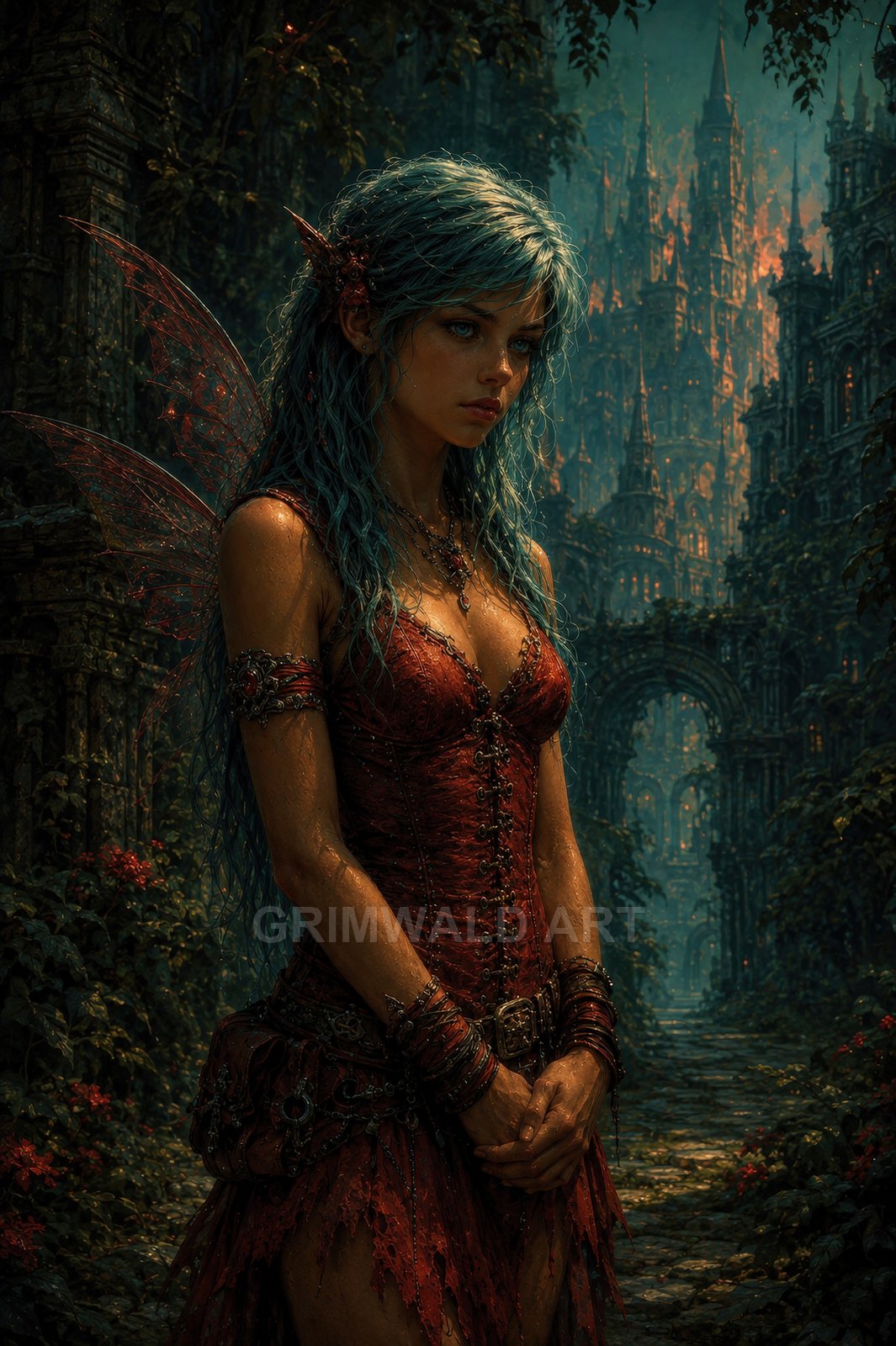 Blue-haired fae woman with translucent wings and a red corseted dress stands in ivy-choked Gothic ruins before a towering, firelit castle at twilight.