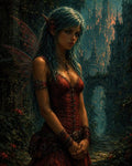 GRID THUMBNAIL — Blue-haired fae woman with translucent wings and a red corseted dress stands in ivy-choked Gothic ruins before a towering, firelit castle at twilight.