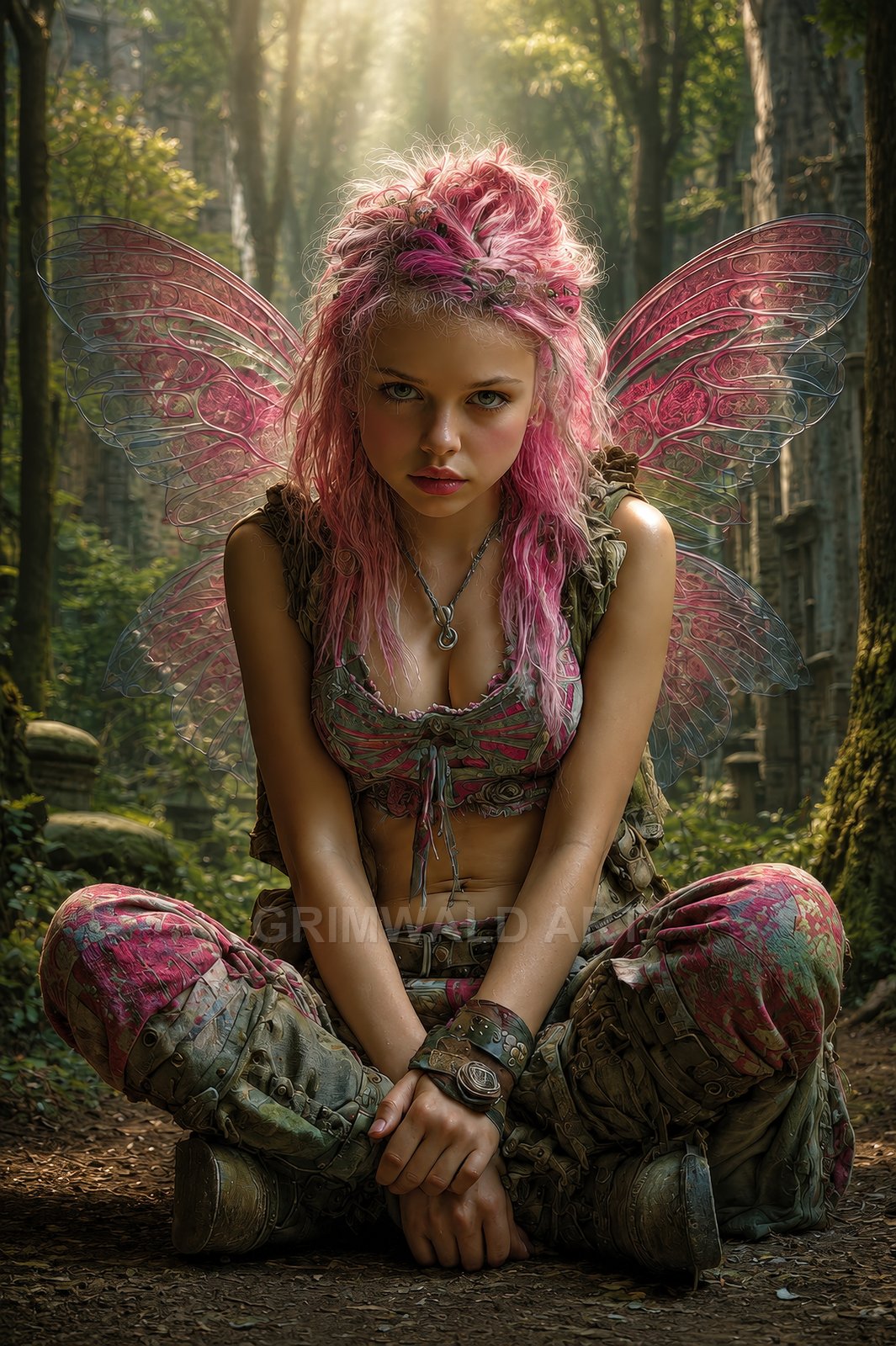 Pink-haired fairy with translucent wings sits cross-legged in mossy forest ruins, wearing rugged patchwork clothing and bracelets, lit by golden sunbeams through trees.