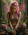 GRID THUMBNAIL — Pink-haired fairy with translucent wings sits cross-legged in mossy forest ruins, wearing rugged patchwork clothing and bracelets, lit by golden sunbeams through trees.