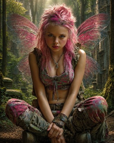 GRID THUMBNAIL — Pink-haired fairy with translucent wings sits cross-legged in mossy forest ruins, wearing rugged patchwork clothing and bracelets, lit by golden sunbeams through trees.