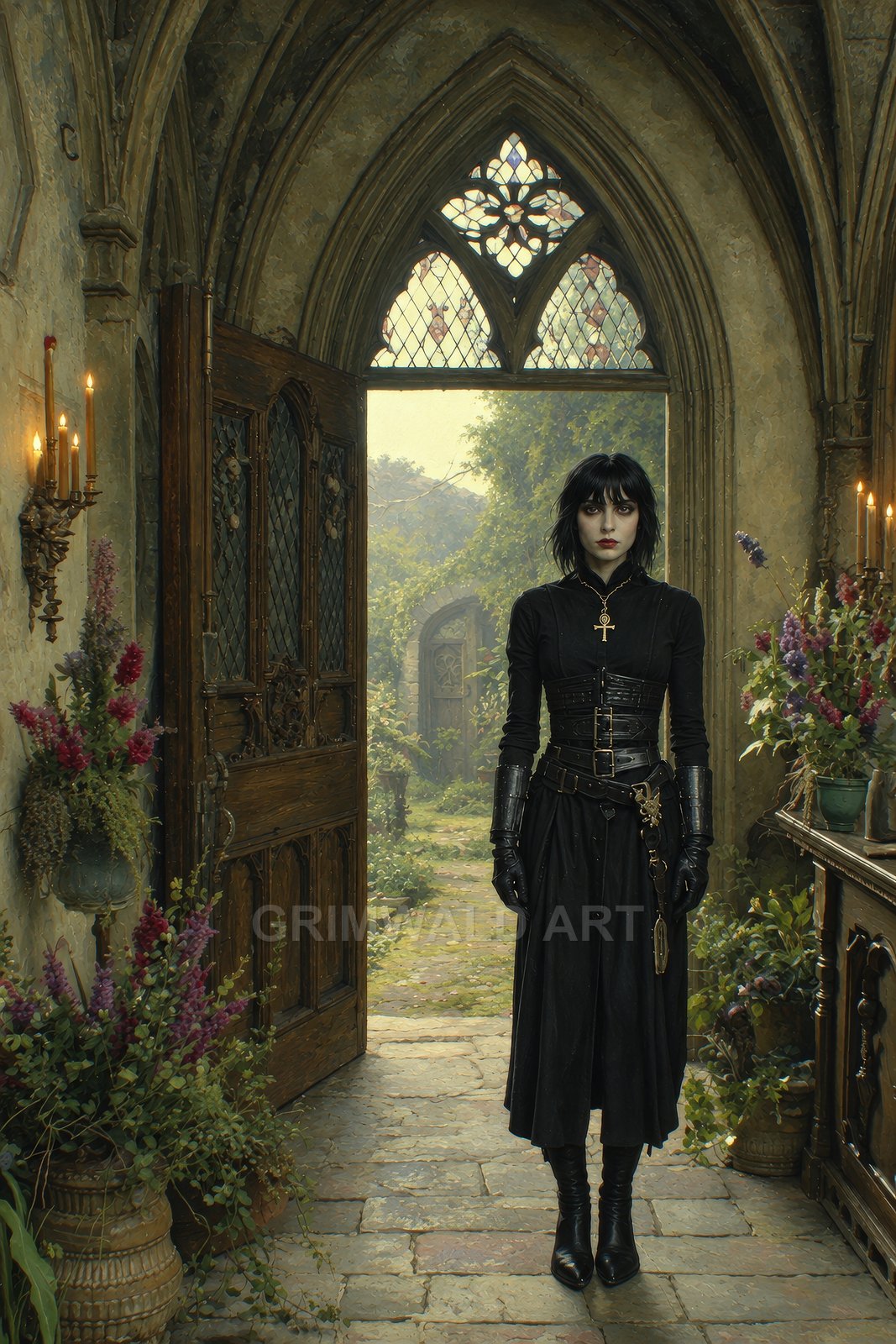 Pale gothic woman in black dress and gauntlets stands in a cathedral doorway with candles and flowers, daylight garden visible beyond.