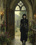 GRID THUMBNAIL — Pale gothic woman in black dress and gauntlets stands in a cathedral doorway with candles and flowers, daylight garden visible beyond.