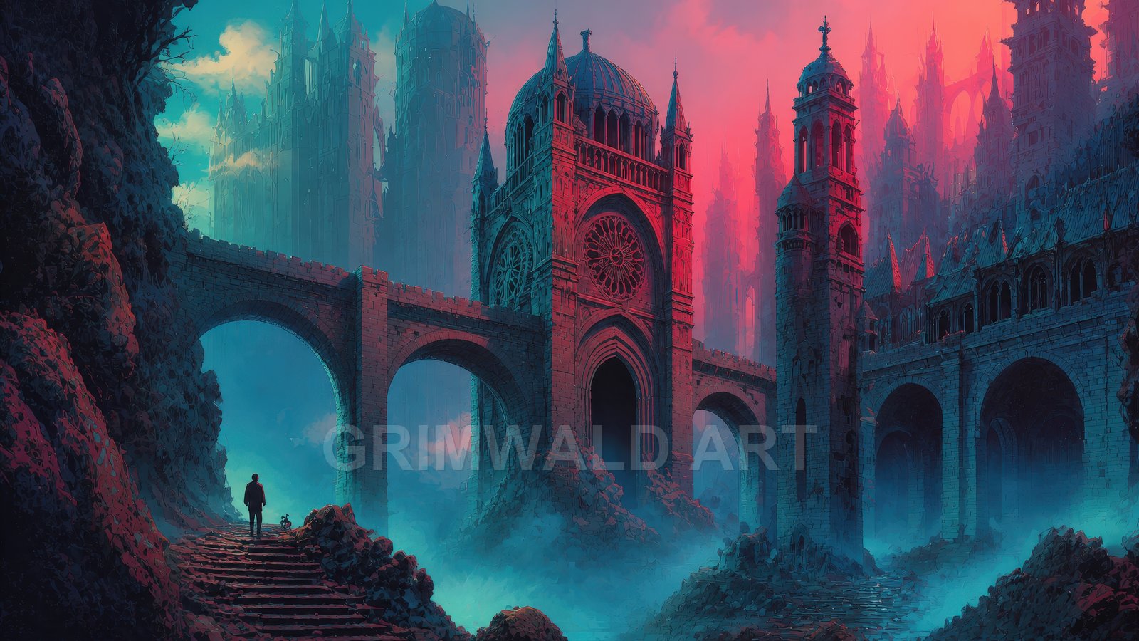 A solitary figure and dog ascend stone steps toward a vast gothic cathedral on arched bridges, shrouded in turquoise mist under pink twilight.