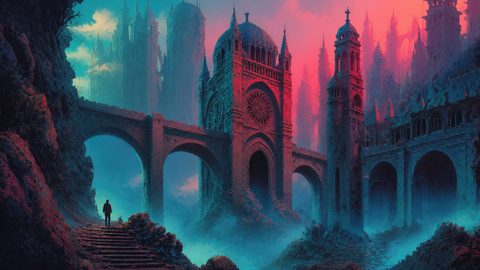 GRID THUMBNAIL — A solitary figure and dog ascend stone steps toward a vast gothic cathedral on arched bridges, shrouded in turquoise mist under pink twilight.