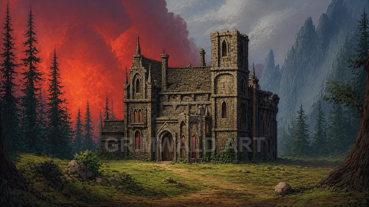 Stone gothic castle with red-lit windows in a conifer forest clearing, dramatic ember-hued sky and distant mountains creating a moody fantasy landscape.