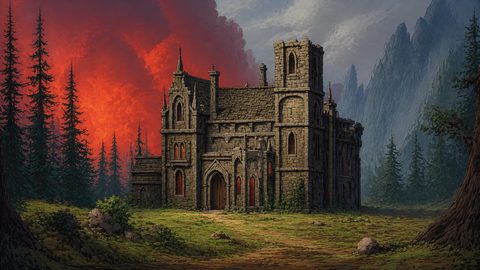 GRID THUMBNAIL — Stone gothic castle with red-lit windows in a conifer forest clearing, dramatic ember-hued sky and distant mountains creating a moody fantasy landscape.
