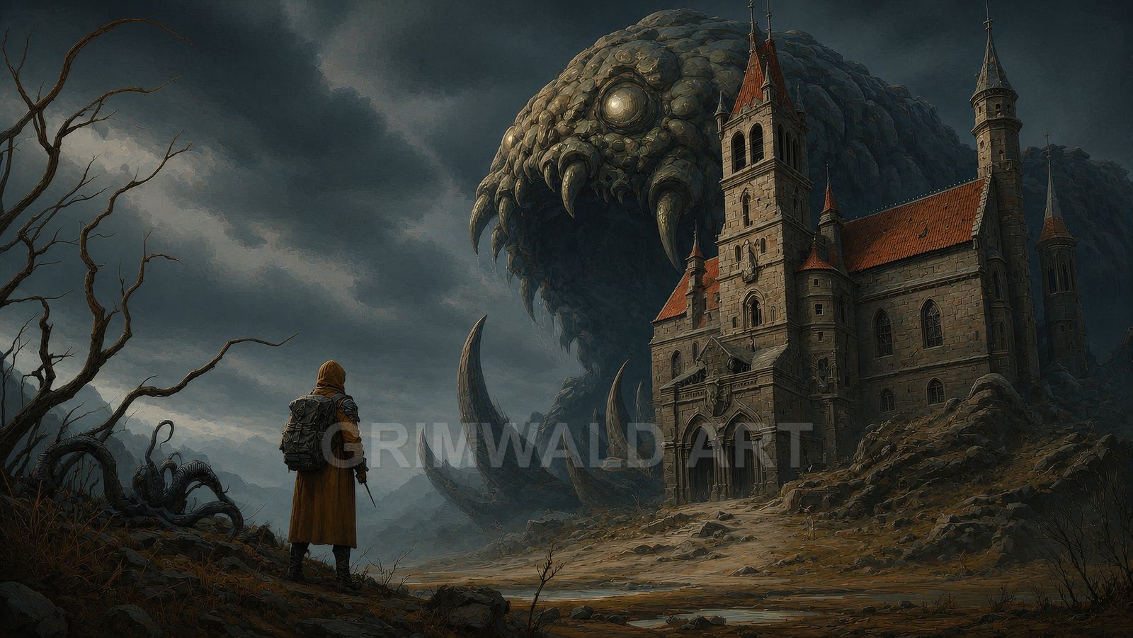 A hooded traveller stands before a gothic stone cathedral while a colossal, clawed, rock-skinned creature looms behind under stormy skies.